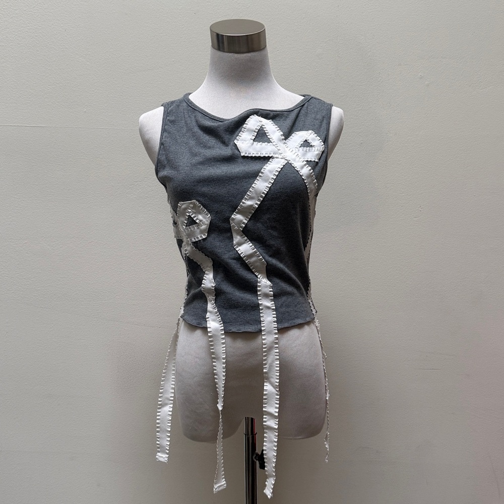 Gray Tank Top with White Ribbon Accents
